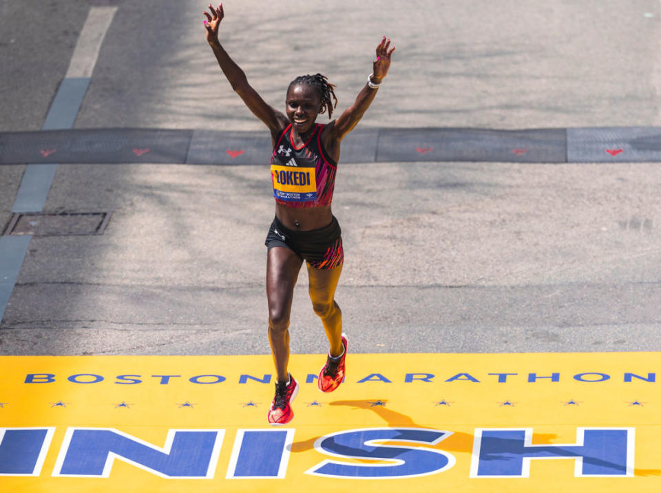 Sharon Lokedi crosses the finish line at the 2024 Boston Marathon.<p>Under Armour</p>