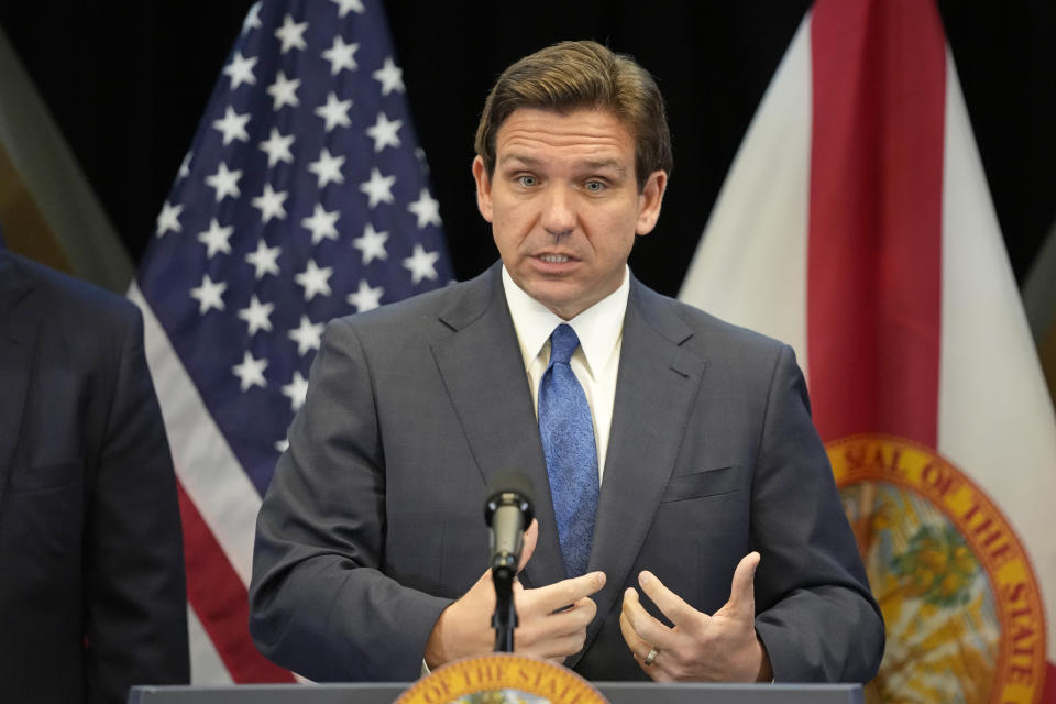 Florida Gov. Ron DeSantis speaks at a news conference at the Reedy Creek Administration Building Monday, April 17, 2023, in Lake Buena Vista, Fla. DeSantis and Florida lawmakers ratcheted up pressure on Walt Disney World on Monday by announcing legislation that will use the regulatory powers of Florida government to exert unprecedented oversight on the park resort's rides and monorail. (AP Photo/John Raoux)