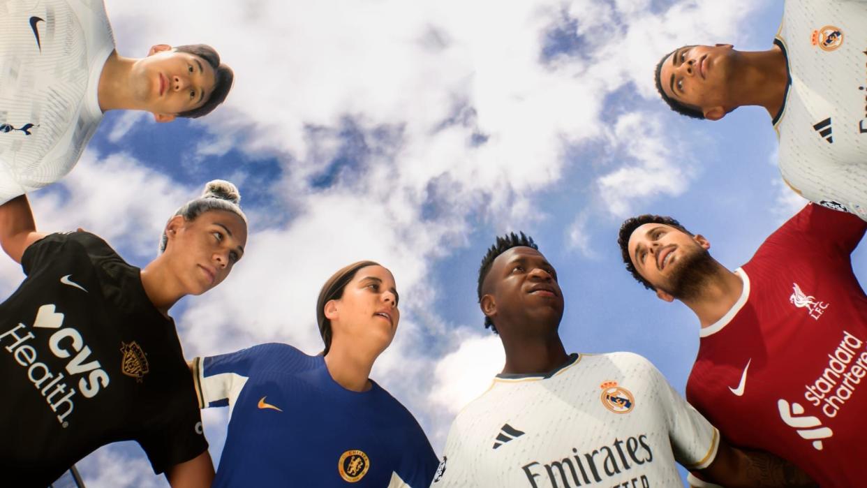  Male and female players in a huddle in EA Sports FC 24. 