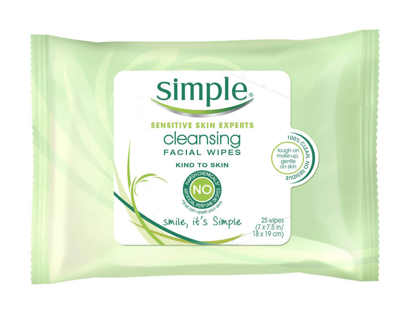 <p>If you have sensitive skin, cleansing wipes can be a scary (sometimes stinging) subject, but these are super duper gentle and remove eye makeup in a snap. </p> <p>$7 | <a rel="nofollow noopener" href="https://www.amazon.com/Simple-Cleansing-Facial-Wipes-Count/dp/B00C5AHTC0/ref=sr_1_1_a_it?ie=UTF8&qid=1482258172&sr=8-1&keywords=simple%2BCleansing%2BFacial%2BWipes%2C%2BKind%2Bto%2BSkin%2B25%2BCount%2C%2BTwin&th=1" target="_blank" data-ylk="slk:SHOP IT;elm:context_link;itc:0;sec:content-canvas" class="link ">SHOP IT</a></p>