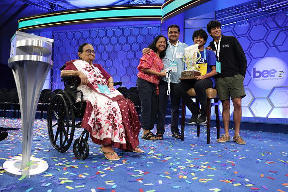 NATIONAL HARBOR, MARYLAND - JUNE 01:  Speller Dev Shah of Largo, Florida, celebrates with his father Deval Shah, mother Nilam Shah, brother Neil Shah and grandmother Vinaben Shah after he won the 2023 Scripps National Spelling Bee at Gaylord National Hotel and Convention Center on June 1, 2023 in National Harbor, Maryland. Shah correctly spelled the word 