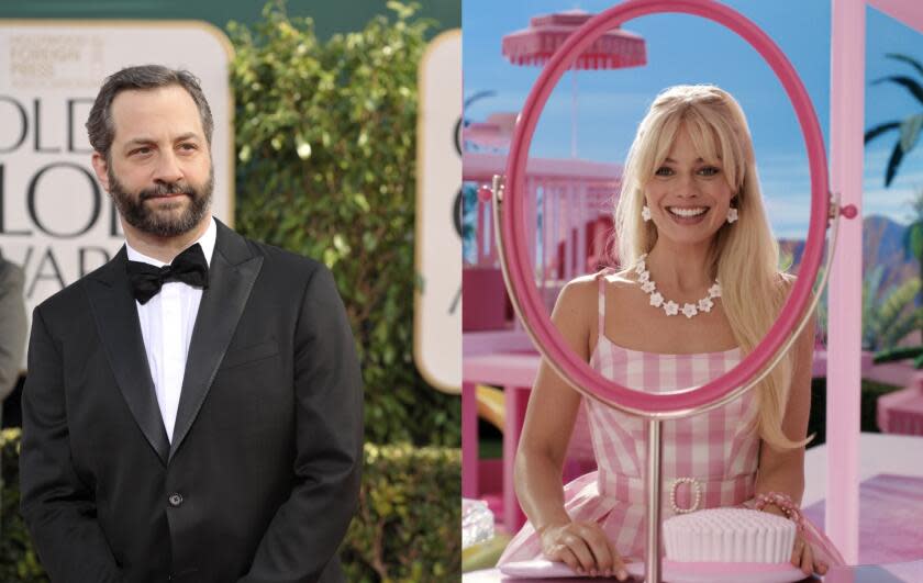 (L) Judd Apatow wears a black tuxedo, (R) Margot Robbie wears a pink and white gingham dress with a flower necklace.