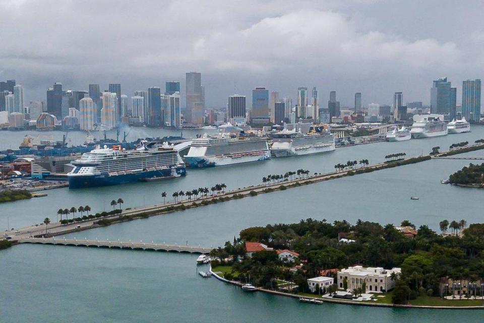 Cruise ships can be seen docked at PortMiami on Friday, May 15, 2020, in Miami, Florida.