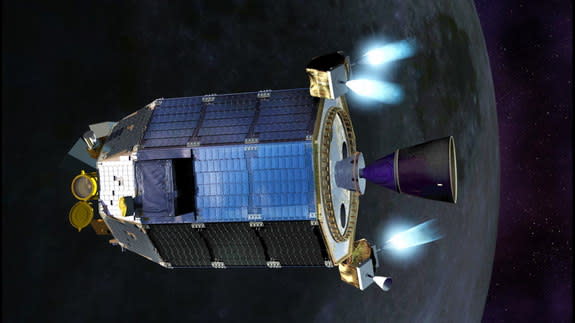 An artist's concept of NASA's Lunar Atmosphere and Dust Environment Explorer (LADEE) spacecraft firing its maneuvering thrusters in order to maintain a safe altitude as it orbits the moon.