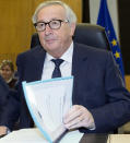 European Commission President Jean-Claude Juncker attends a meeting of the College of Commissioners at EU headquarters in Brussels, Thursday, Nov. 22, 2018. European Commissioners met Thursday in an extraordinary session at a critical stage in Brexit negotiations, ahead of a weekend EU summit focused on Britain's departure from the bloc. (AP Photo/Thierry Monasse)