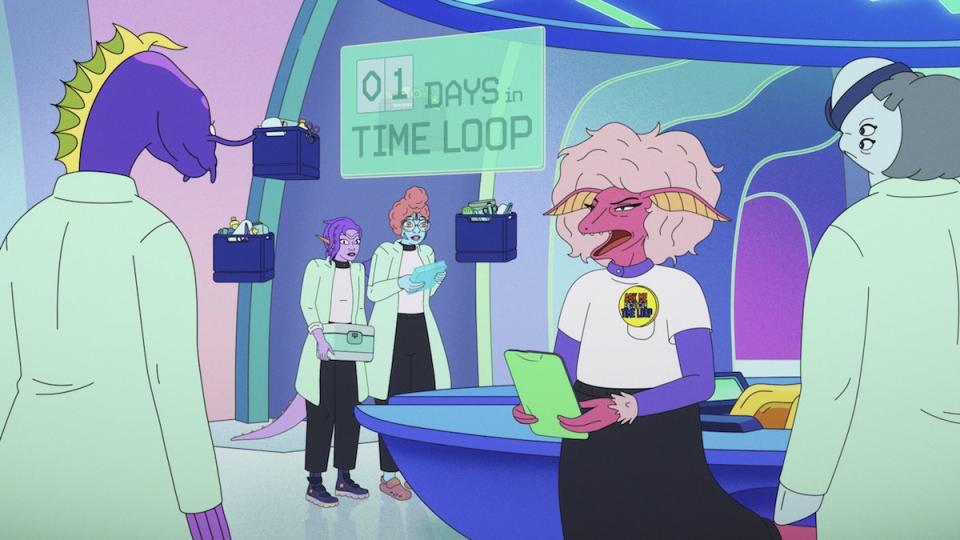 colorful aliens in lab coats hold clipboards and boxes of medical supplies