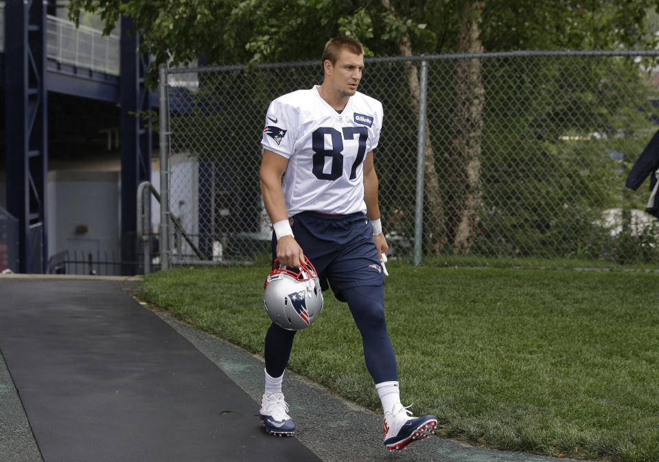 New England Patriots tight end Rob Gronkowski carries too much risk for where he’s being taken in fantasy drafts. (AP Photo/Steven Senne)