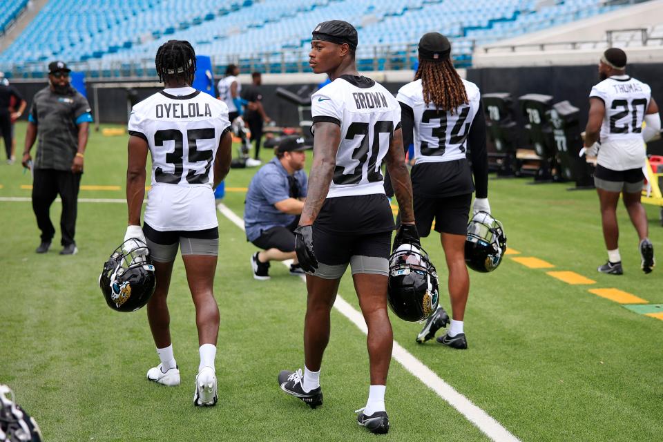 Jacksonville Jaguars cornerback Montaric Brown (30) walks off the field after practice during the first day of a mandatory minicamp Monday, June 12, 2023 at TIAA Bank Field in Jacksonville, Fla. This is the first of a three day camp June 12-14. 