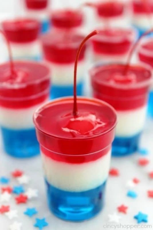 <p>CincyShopper</p><p>Super-simple layers of Jell-O in small cups with a cherry on top to resemble a firecracker. </p><p><strong>Get the recipe: <a href="https://cincyshopper.com/4th-of-july-firecracker-jell-o-cups/" rel="nofollow noopener" target="_blank" data-ylk="slk:Fourth of July Firecracker Jell-O Cups;elm:context_link;itc:0;sec:content-canvas" class="link ">Fourth of July Firecracker Jell-O Cups</a></strong></p>
