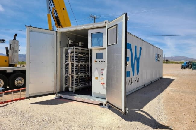 The ESS Energy Warehouse is a utility-scale iron flow battery system enclosed in a 40-foot steel shipping container.