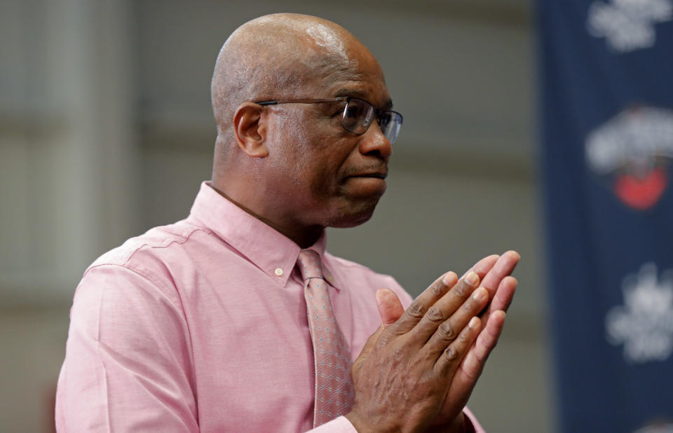 Lateef Williamson, father of New Orleans Pelicans first-round draft pick Zion Williamson, expresses thanks at the NBA basketball team's news conference in Metairie, La., Friday, June 21, 2019. (AP Photo/Gerald Herbert)