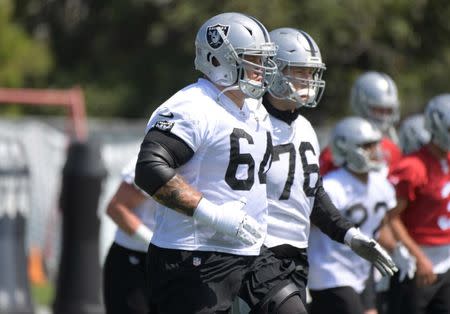 May 28, 2019; Alameda, CA, USA; Oakland Raiders guard Richie Incognito (64) during organized team activities at the Raiders practice facility. Mandatory Credit: Kirby Lee-USA TODAY Sports