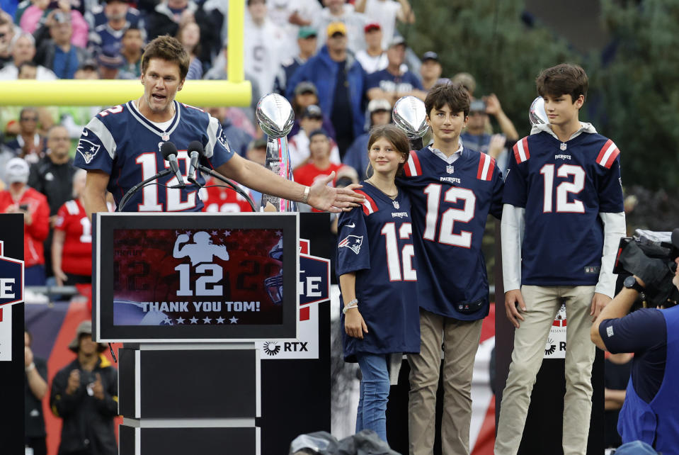 FOXBOROUGH, MA - SEPTEMBER 10: Tom Brady thanks his kids during a game between the New England Patriots and the Philadelphia Eagles on September 10, 2023, at Gillette Stadium in Foxborough, Massachusetts. (Photo by Fred Kfoury III/Icon Sportswire via Getty Images)