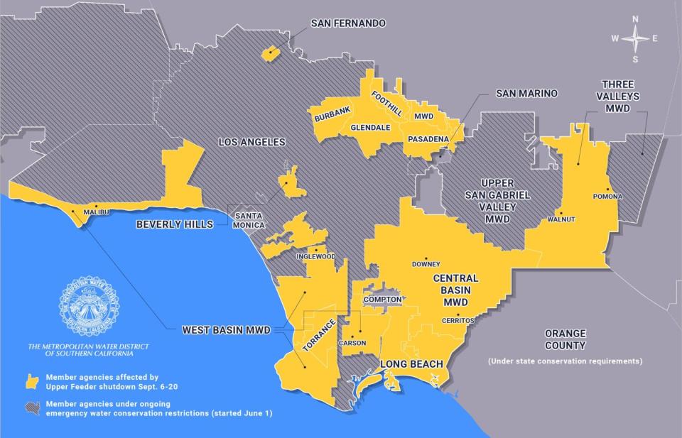 Yellow patches on a map show areas of L.A. County affected by the shutdown of the Upper Feeder pipeline.