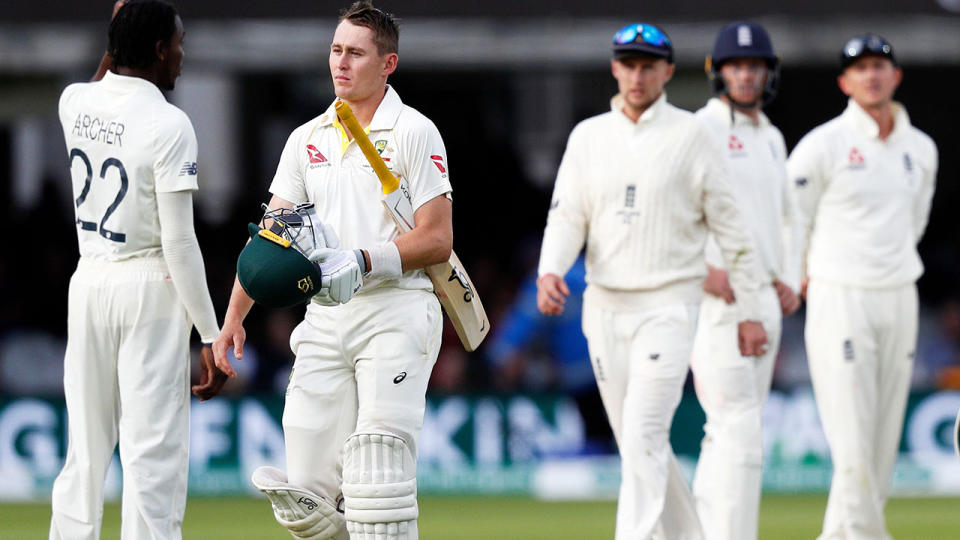 Marnus Labuschagne, pictured here after his superb knock. (Photo by ADRIAN DENNIS/AFP/Getty Images)