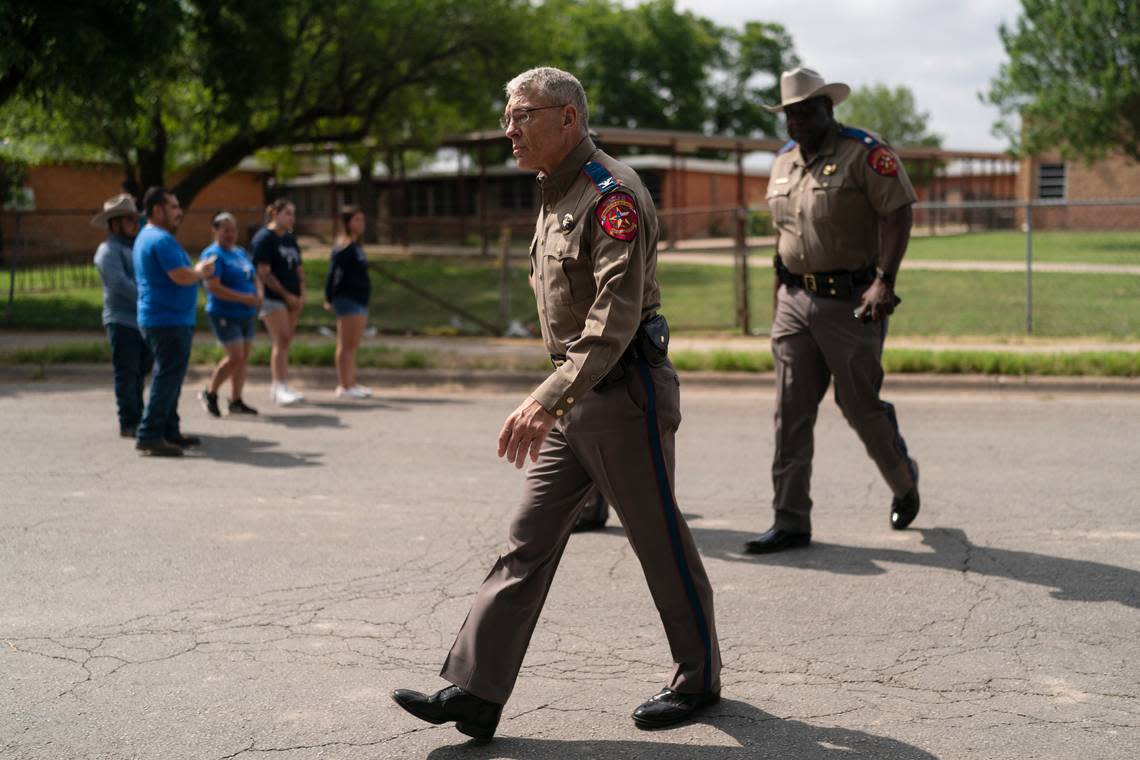 Texas Department of Public Safety Director Steven McCraw outside Robb Elementary School in Uvalde in May. (AP Photo/Jae C. Hong)