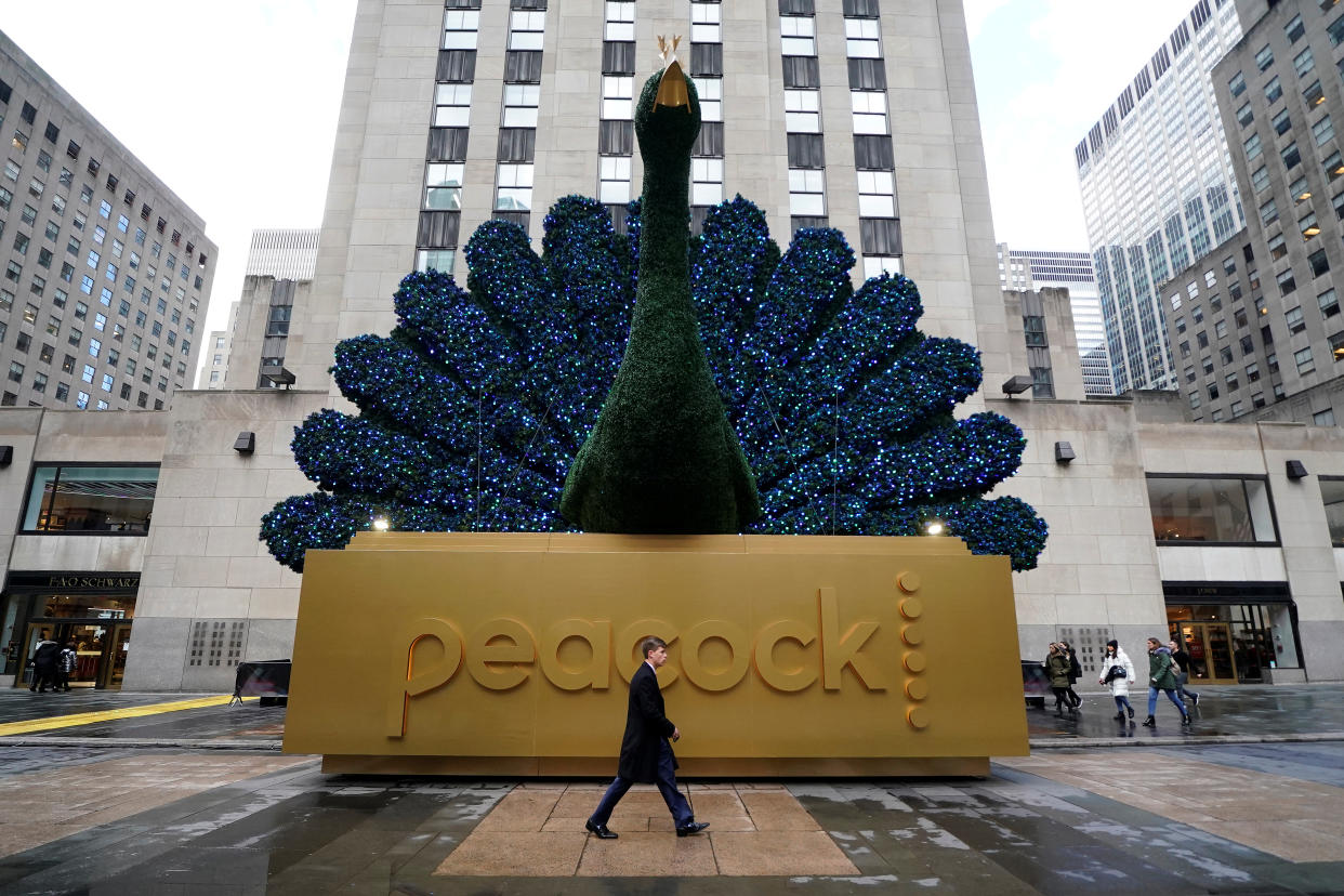 A peacock is pictured outside NBC headquarters at Rockefeller Center in the Manhattan borough of New York City, New York, U.S., January 16, 2020. REUTERS/Carlo Allegri
