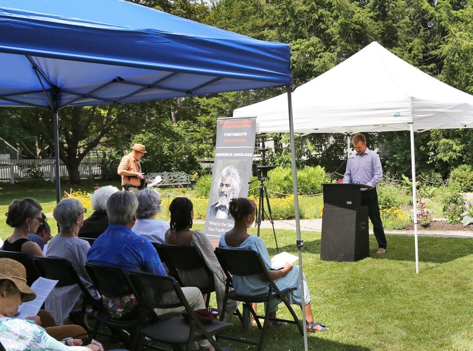 Rich Blalock reads from Frederick Douglass' “What to the slave is your Fourth of July?” at the Portsmouth commemoration of his 1852 speech at Strawbery Banke Museum Friday, July 1, 2022.