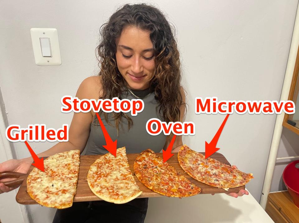 The writer with four pizzas made in different appliances
