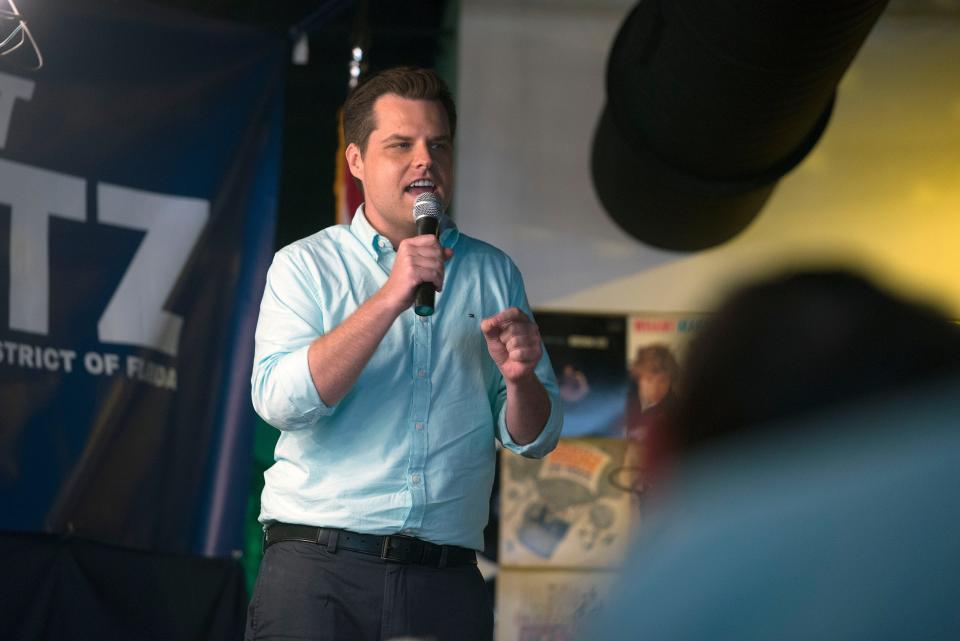 Congressman Matt Gaetz speaks to the crowd Saturday, June 1, 2019, during his “Won’t Back Down” town hall meeting at Brew Ha Ha restaurant in Pensacola.