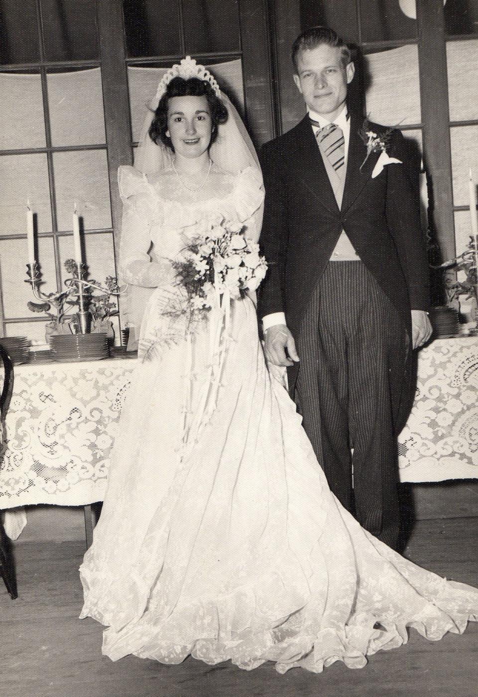 Merrill and Polly Leavens on their wedding day June 19, 1948 at the Star of the Sea Church in Squantum. The couple renewed their vows on their 75th anniversary in 2023.