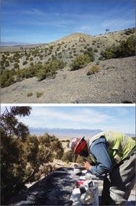 RC drill program at VR’s Reveille silver-copper property in Nevada, March, 2021.  Upper Photo: view north at drill hole RV21-003 with the drill rig on the T3 conductor shown in Figure 1, and the drill pad prepared on the G1 jasperoid target up the ridgeline, also shown on Figure 1.  Lower photo: logging drill chips from 5 ft drill runs on the drill hole at T3.