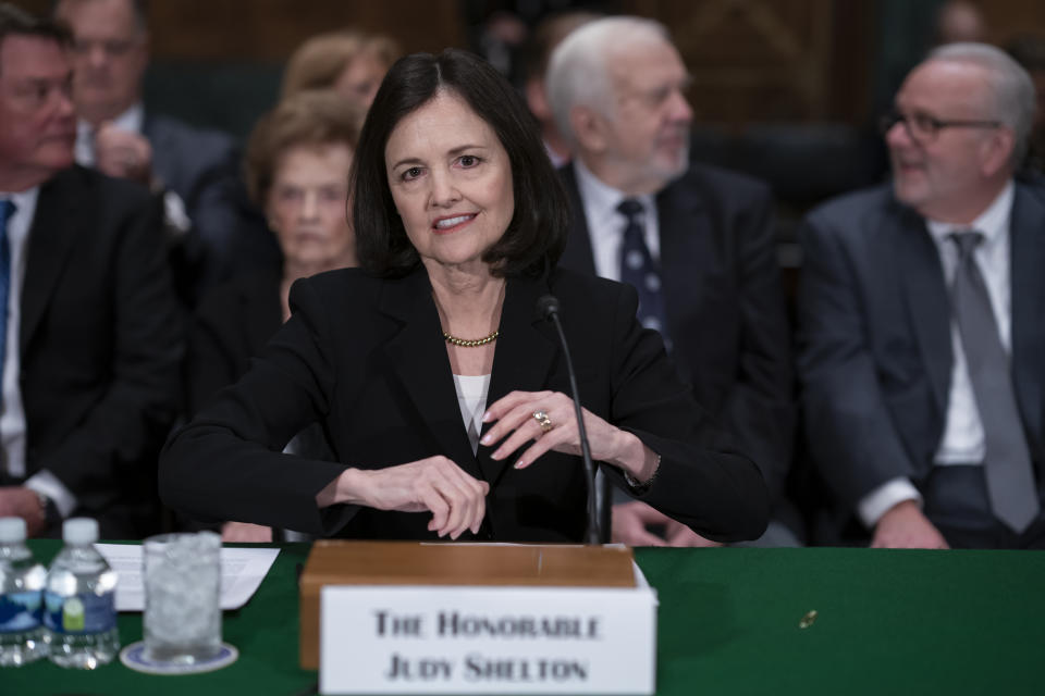 President Donald Trump's nominee to the Federal Reserve, Judy Shelton, appears before the Senate Banking Committee for a confirmation hearing, on Capitol Hill in Washington, Thursday, Feb. 13, 2020. (AP Photo/J. Scott Applewhite)