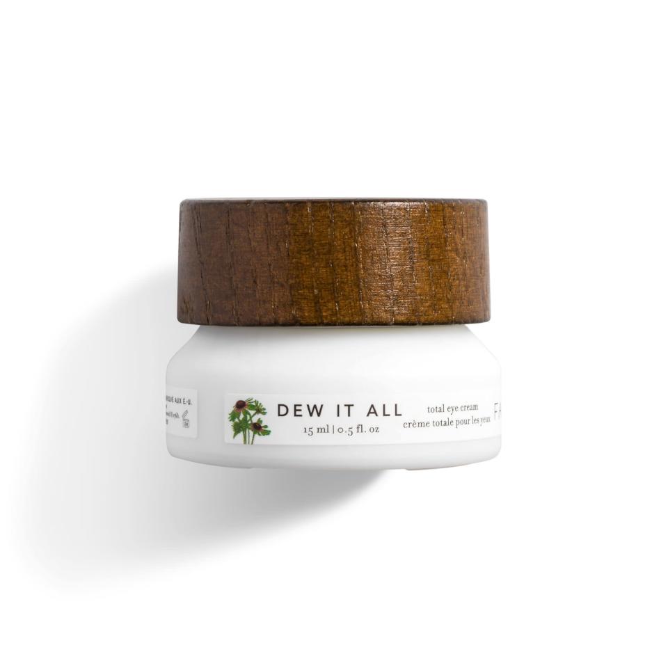 <h2>Farmacy Dew It All Total Eye Cream<br></h2><br>This lightweight eye cream is loaded with antioxidants and hydrating oils which help to smooth out fine lines.<br><br><strong>Farmacy</strong> Dew It All Total Eye Cream, $, available at <a href="https://go.skimresources.com/?id=30283X879131&url=https%3A%2F%2Fwww.farmacybeauty.com%2Fproducts%2Fdew-it-all-total" rel="nofollow noopener" target="_blank" data-ylk="slk:Farmacy" class="link rapid-noclick-resp">Farmacy</a>