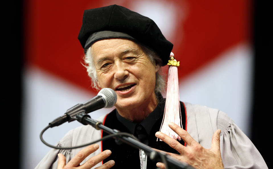 Former Led Zeppelin guitarist Jimmy Page speaks during the commencement of the Berklee College of Music in Boston, Saturday, May 10. 2014. Page was awarded an honorary degree of Doctor of Music from Berklee College of Music. (AP Photo/Winslow Townson)