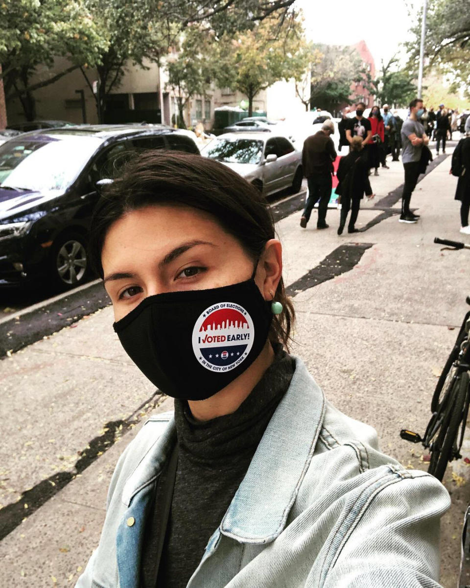 "Come on America, let's go!" the original Hamilton cast member encouraged her Instagram followers after she voted early in New York City. While waiting in line at the polls, Soo donned a protective face mask to stay safe amid the coronavirus pandemic.