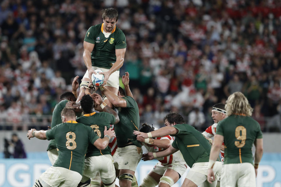 South Africa's Eben Etzebeth wins the lineup ball during the Rugby World Cup quarterfinal match at Tokyo Stadium between Japan and South Africa in Tokyo, Japan, Sunday, Oct. 20, 2019. (AP Photo/Mark Baker)