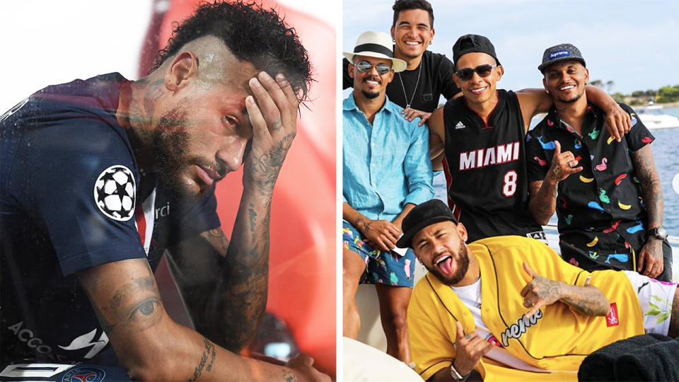 Neymar (pictured left) looking dejected after the Champions League Final and (pictured right front) on holiday smiling.