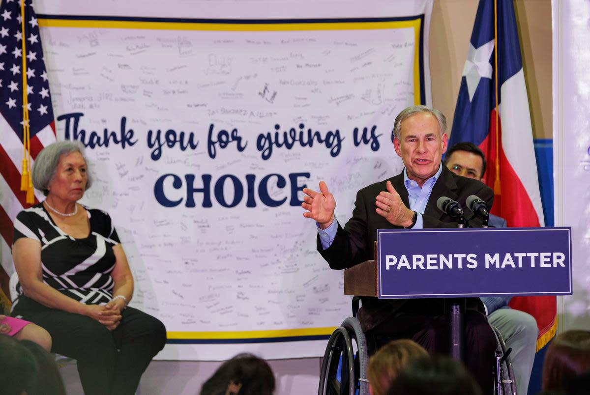 Gov. Abbott speaks to parents during an event hosted by the Parent Empowerment Coalition at Covenant Christian Academy in McAllen on April 12, 2023.