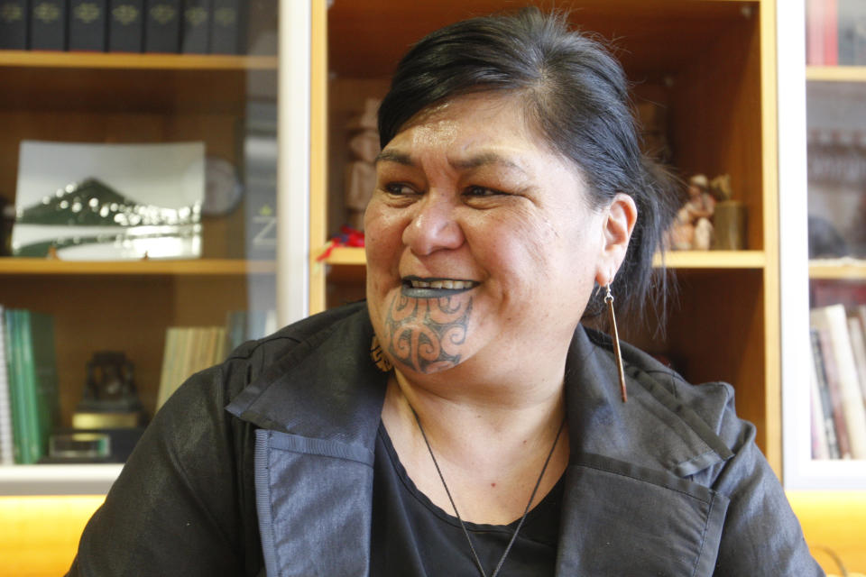 New Zealand's Foreign Minister Nanaia Mahuta speaks during an interview in her office Wednesday, Nov. 25, 2020, in Wellington, New Zealand. Mahutu is the first Indigenous Maori woman to be appointed foreign minister in New Zealand, and promises to bring a new perspective to the role. (AP Photo/Nick Perry)