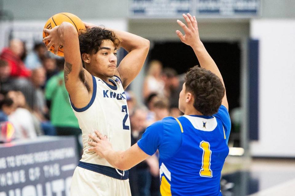 Stone Ridge Christian sophomore Daijon O’neil (2) looks to pass the ball during a NorCal Regional playoff game against Point Arena at Stone Ridge Christian High School in Merced, Calif., on Wednesday, Feb. 28, 2024. The Knights beat the Pirates 78-67.