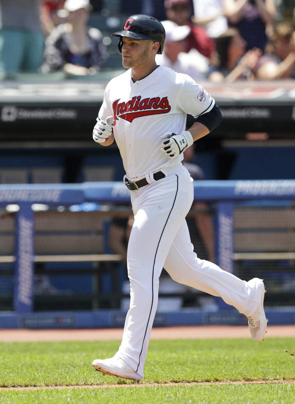 Cleveland Indians' Jake Bauers runs the bases after hitting a solo home run in the fourth inning in a baseball game against the Kansas City Royals, Wednesday, June 26, 2019, in Cleveland. (AP Photo/Tony Dejak)