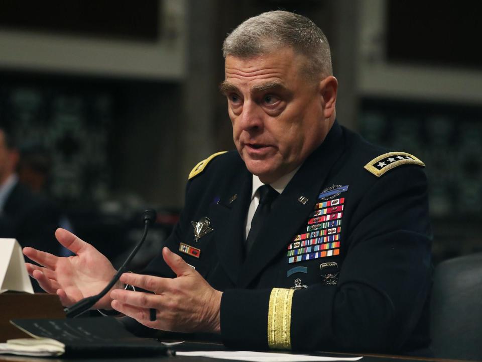 Donald Trump‘s nominee to become the next top US military officer has promised that, if confirmed, he would not be cowed by the White House as he provides advice on national security matters.General Mark Milley, who serves as US Army chief of staff, appeared before the Senate Armed Services Committee (SASC) on Thursday at a moment when Mr Trump’s moves to pull the Pentagon into his border wall plans, Independence Day festivities and other initiatives have generated concerns about the erosion of the military’s nonpartisan traditions.If confirmed, General Milley would replace Marine General Joseph Dunford Jr as chairman of the Joint Chiefs of Staff this autumn.Senator Angus King asked General Milley if he would challenge the president, who since his 2016 election has questioned decades-old defence alliances and taken positions that have caused discomfort within the military highest ranks.In response to the general’s vow to remain independent, Mr King said: “I believe that. But I think it’s very important to emphasise that the Oval Office is an intimidating place, and the president of the United States is the most powerful leader in the free world.”He added: “To be willing to say ‘Mr President, you’re wrong about this’ ... if it’s something that she or he doesn’t want to hear is just, there is no more important responsibility in your career.”General Milley replied that Marine General Dunford and “most of us” have seen a lot of combat.“Arlington is full of our comrades, and we understand absolutely full well the hazards of our chosen profession,” General Milley said, referring to the national cemetery a few miles away in Virginia where many US service members are buried.“We know what this is about, and we will not be intimidated into making stupid decisions,” he said. “We will give our best military advice and not keep the consequences to ourselves.”General Milley, a gruff infantry officer educated at Princeton, became the Army’s top officer in August 2015 after serving in Iraq, Afghanistan and other countries.His nomination by Mr Trump last December, which came surprisingly early, defied the recommendation of then-Defence Secretary James Mattis, who had recommended the Air Force’s top officer, General David Goldfein.It’s not clear how Mr Trump, who appears to have gained confidence in his instincts on foreign policy as his presidency has gone on, would take to being challenged by General Milley.Mr Mattis, who during his initial period as Pentagon chief steered defence policy back towards traditional positions, resigned in December over Mr Trump’s treatment of key allies.General Milley would take on new responsibilities for an institution experiencing intense leadership upheaval.This week, officials unveiled a plan for installing the Defence Department’s third acting secretary this year, as federal personnel rules require acting defence secretary Mark Esper – who has been serving as General Milley’s civilian counterpart leading the Army since 2017 – to step aside while SASC considers whether to confirm him for the top Pentagon job.Senate officials on Thursday said Mr Esper’s confirmation hearing would take place on 16 July.Also this week, the man poised to become the Navy’s top officer, Admiral William Moran, announced he would instead retire over his connection to a Navy officer accused of treating female personnel inappropriately.The president intends to announce Vice Admiral Mike Gilday, the director of the Joint Staff at the Pentagon, as his next pick to lead the Navy, a senior US official said on Thursday. The news was first reported by the Wall Street Journal.The nominee to become Joint Chiefs vice chairman, Air Force General John Hyten, faced questions about whether he will be confirmed following a revelation on Wednesday that he has been investigated for an alleged sexual assault.Military officials investigated and found no evidence of wrongdoing, but some lawmakers said on Thursday that they would like to hear more from the alleged victim, an army colonel who told The Washington Post that she is willing to testify.Finally, General David Berger took over as the new commandant of the Marine Corps on Thursday.Speaking during a brisk hearing in which no senator raised questions about his credentials, General Milley echoed other Pentagon leaders in affirming that China posed a threat to US military superiority.He said the international order that emerged after World War II was “under the most stress since the end of the Cold War“.“From East Asia to the Middle East to Eastern Europe, authoritarian actors are testing the limits of the international system and seeking regional dominance, while challenging international norms and undermining US interests,” he said.Much of General Milley’s job as chairman will involve tending to America’s military alliances as the president, who has espoused a transactional view of those relationships, questions their value.General Milley must also navigate his duty to execute the commander in chief’s orders while mitigating the impact of internally unpopular decisions, such as the initiative to use military funds to pay for Mr Trump’s border wall.Privately, senior officers have also voiced concern that the involvement of active duty troops in a mission designed to stem migration at the southern border will detract from the military’s core mission.Responding to questions from Senator Mazie Hirono, General Milley said he would resign if he was asked to carry out an order that was “illegal, immoral or unethical”.Amid recent tensions with Iran, General Milley said the US withdrawal from the 2015 nuclear deal had complicated Washington’s ability to build a coalition to confront Tehran’s steps to challenge US interests and allies in the region.He said he did not expect war with Iran.General Milley voiced support for the Pentagon’s refusal to transfer advanced F-35 jets to Turkey, a Nato ally, if it acquires Russian-made S-400 air and missile defence systems.“The S-400 is a Russian system built to shoot down aircraft like the F-35,” he said.Mr Trump has called the S-400 issue “complicated” and said the US is “looking at different solutions”.General Milley also said he would recommend deploying land-based missiles to the Pacific if the United States proceeds with its planned withdrawal from the Intermediate-Range Nuclear Forces (INF) treaty, a Cold War-era pact the Trump administration says Russia is violating.Washington Post