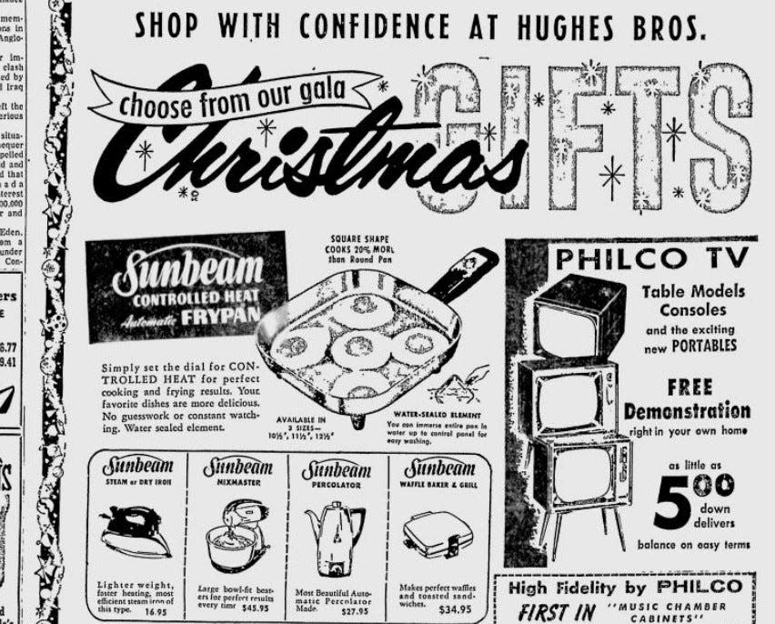 Hughes Brothers advertisement for Christmas gifts on Dec. 7, 1956.