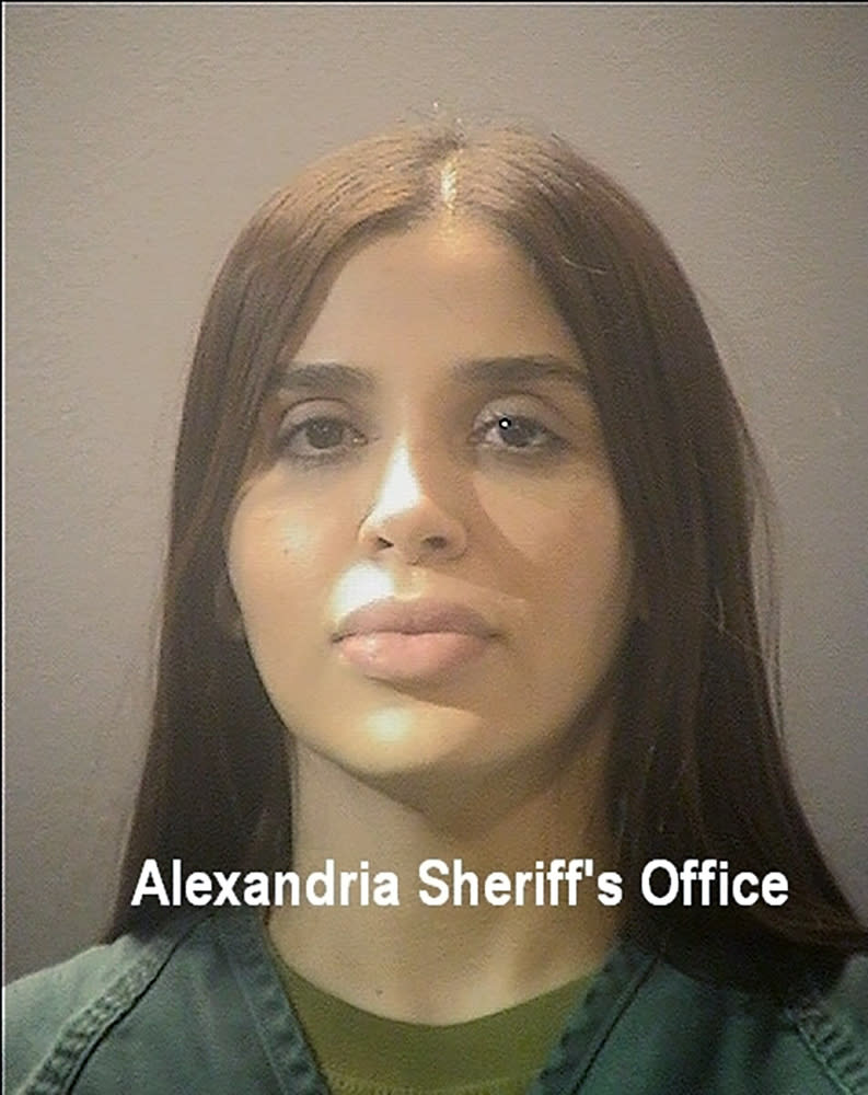 This photo provided by the Alexandria Adult Detention Center shows Emma Coronel Aispuro. The Justice Department says Emma Coronel Aispuro was arrested at Dulles International Airport on Monday, Feb. 22, 2021 and is expected to appear in federal court in Washington on Tuesday. She is the wife of Mexican drug kingpin Joaquin “El Chapo” Guzman and is accused of helping her husband run his multibillion-dollar cartel and plot his audacious escape from a Mexican prison in 2015. (Alexandria Adult Detention Center via AP)