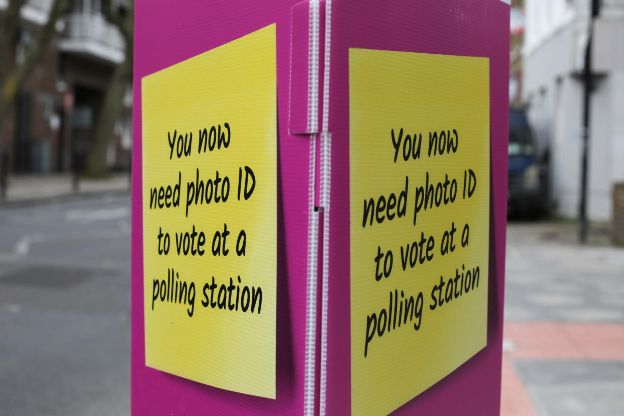 LONDON, UNITED KINGDOM - 2024/03/25: A notice seen displayed in London, serving as a reminder to voters of the necessity to present a valid photo ID in order to cast their vote at a polling station. (Photo by Steve Taylor/SOPA Images/LightRocket via Getty Images)
