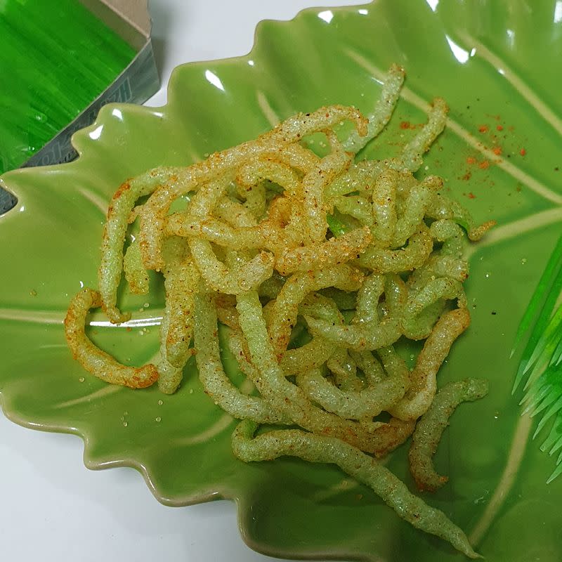 The dish "Fried green toothpick" which went viral following a social media trend, against which South Korea's food and drug safety authorities have issued warnings, is placed on a plate, in Busan