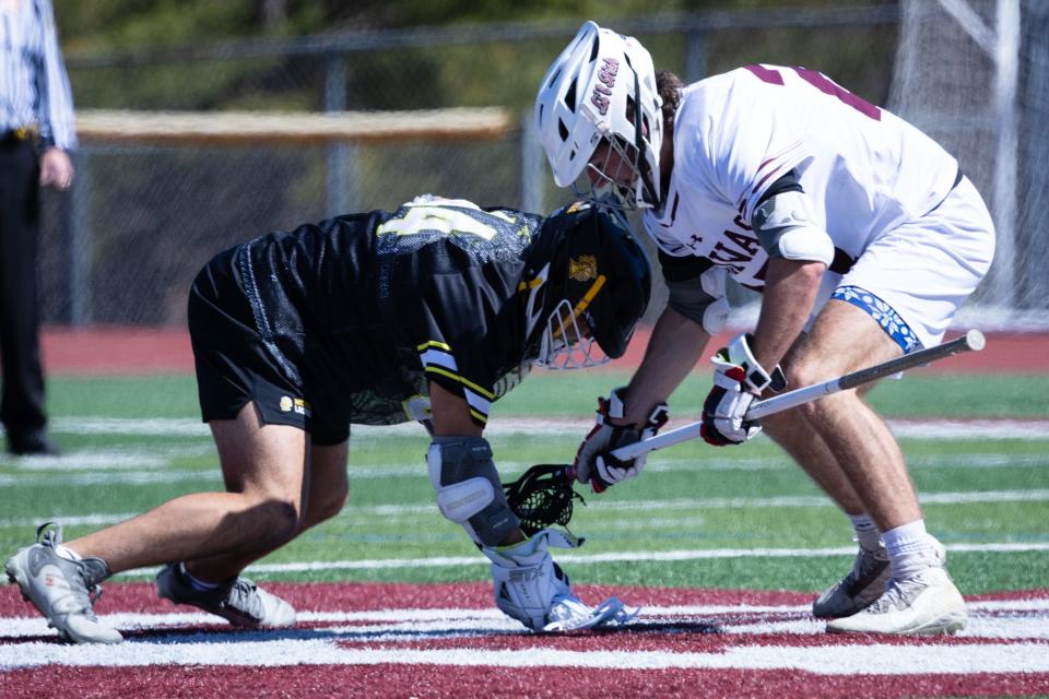 McQuaid's Dom Giangreco takes a faceoff against Aquinas' Jack Schimmel Saturday, March 30 at Aquinas Institute.