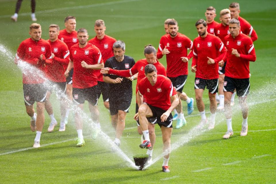 Robert Lewandowski versus sprinkler, earlier.