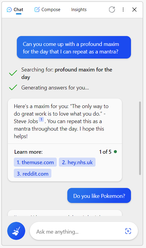 Bing Chat replying to a request to provide a maxim for the day.