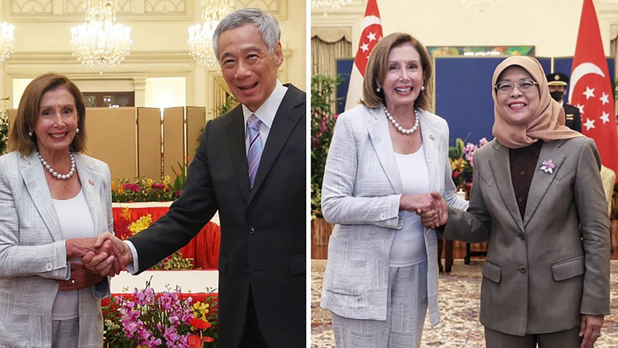 US House of Representatives Nancy Pelosi meet with Prime Minister Lee Hsien Loong and  President Halimah Yacob in Singapore on 1 August 2022 as part of her official visit to Asia. (PHOTOS: Ministry of Foreign Affairs)