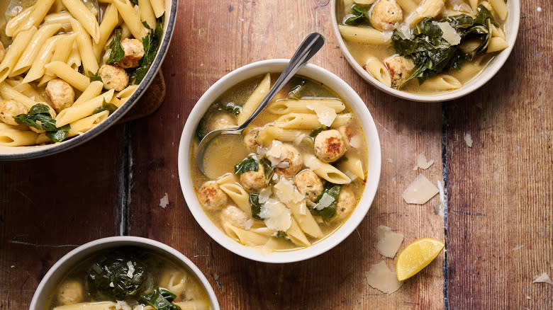 chicken penne soup on table