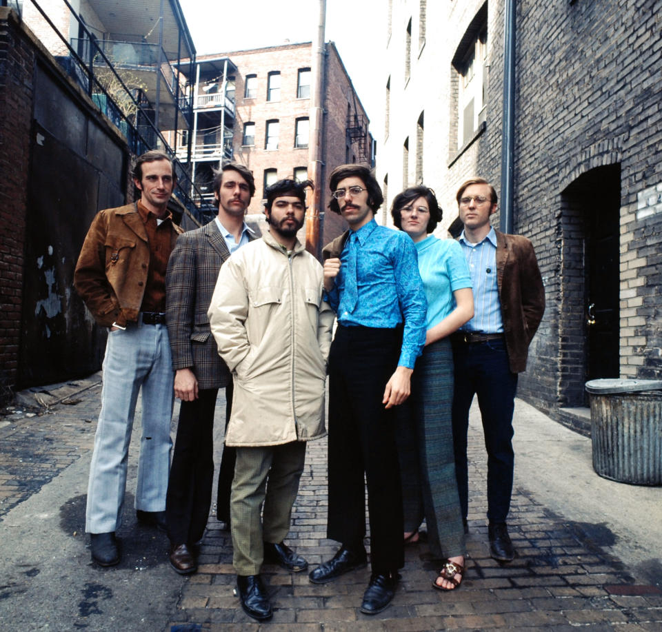 <b>Caption from LIFE.</b> In a Washington D. C. ghetto, key Earth Day staffers (from left) Denis Hayes, Andrew Garling, Arturo Sandoval, Stephen Cotton, Barbara Reid and Bryce Hamilton gather for a group portrait.