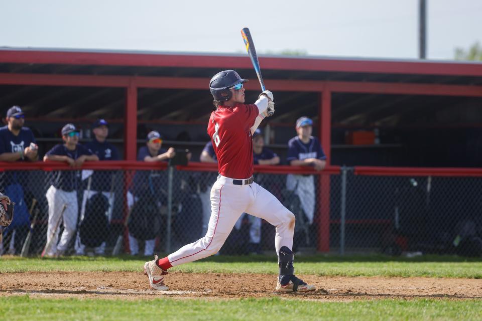 Senior Nick Spaner seeks a base hit during Monday's game against Moses Brown. Portsmouth celebrated Senior Night with a win over the Quakers.