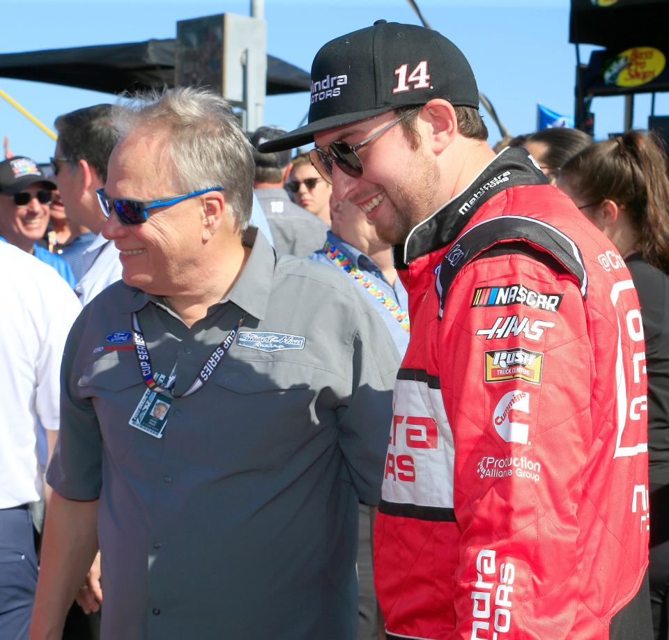 Chase Briscoe (right) talks with SHR co-owner Gene Haas  before the 64th Daytona 500.