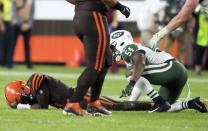 Sep 20, 2018; Cleveland, OH, USA; Cleveland Browns quarterback Tyrod Taylor (5) lies the ground after a hit during the first half against the New York Jets at FirstEnergy Stadium. Mandatory Credit: Ken Blaze-USA TODAY Sports